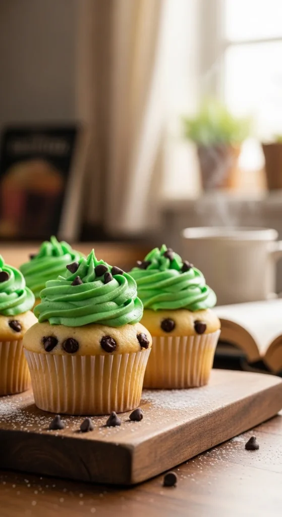 Chocolate Chip Cupcakes with Green Frosting