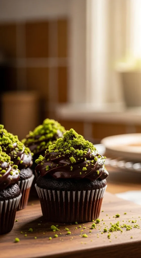 Chocolate Cupcakes with Green Crumb Topping