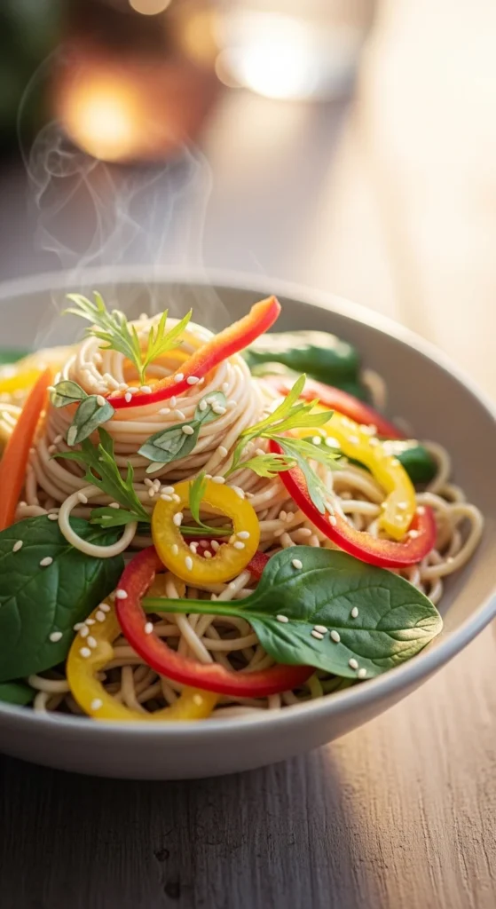 Warm Sesame Noodle Bowl with Vegetables